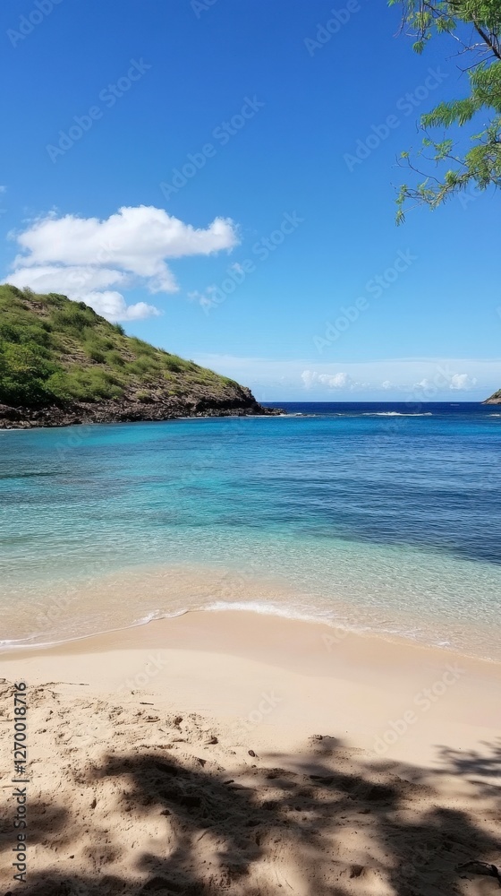 Fototapeta premium A Stunning Beach Paradise with Crystal Clear Waters. A Serene Coastal Vacation Destination. Ideal for Relaxation and Tranquility.