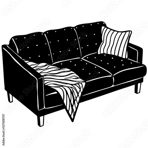 Cozy Sectional Sofa Vector Illustration - Cartoon, Clipart, and Line Art Design, Cozy sectional sofa vector illustration in cartoon, clipart, and line art styles for digital use.