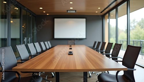 Modern Conference Room with Wooden Table and Large Windows