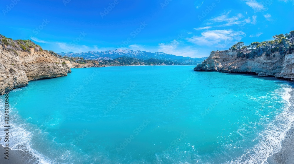 Fototapeta premium Turquoise cove beach, mountains backdrop, summer vacation