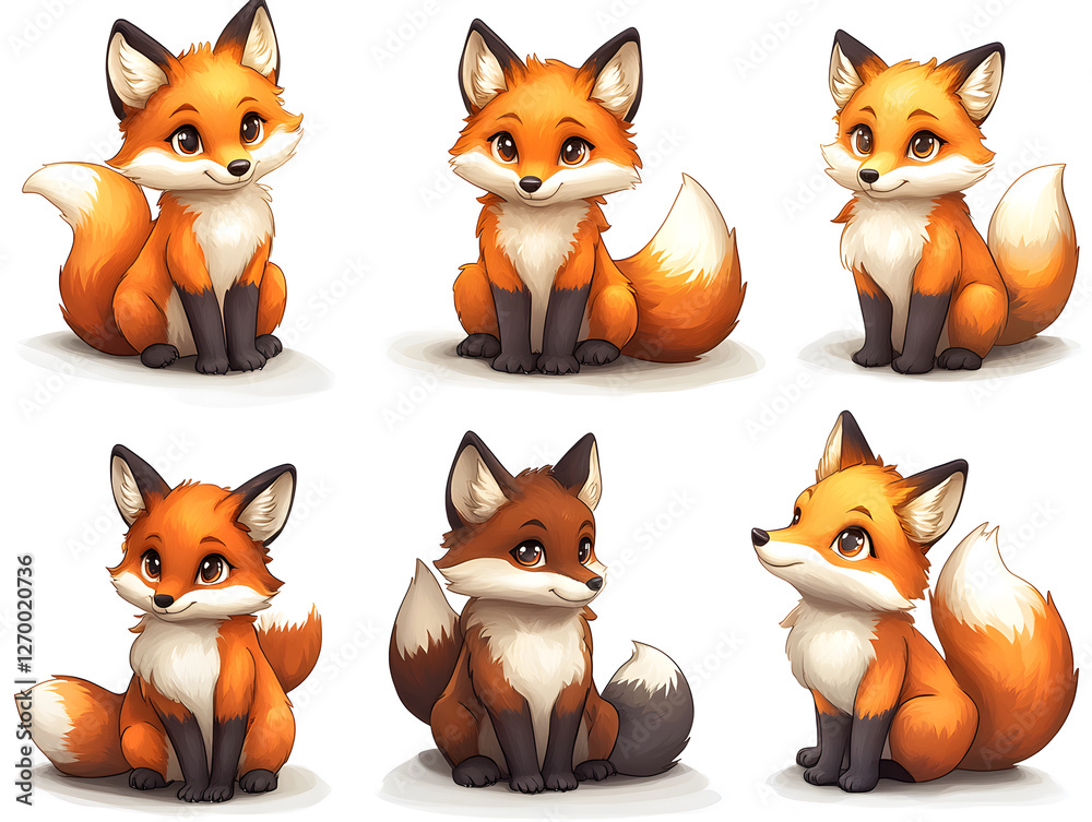Fototapeta premium Cute Vector Fox With Bright Orange Fur and Expressive Blue Eyes Sits Playfully on a White Background