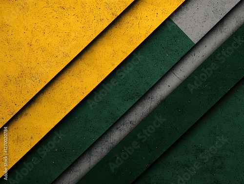 Abstract layers of textured yellow, green, and gray create a striking visual contrast and depth.