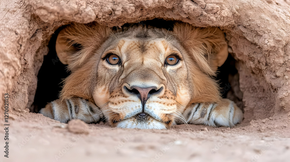 Naklejka premium Majestic lion resting in den, African savanna background, wildlife photography
