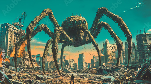 A colossal, mechanical spider stands amidst the ruins of a city, a lone figure observing its imposing presence. Mechanical Spider Cities. Illustration photo