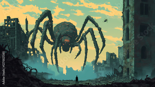 A colossal, mechanical spider stands amidst the ruins of a city, a lone figure observing its imposing presence. Mechanical Spider Cities. Illustration