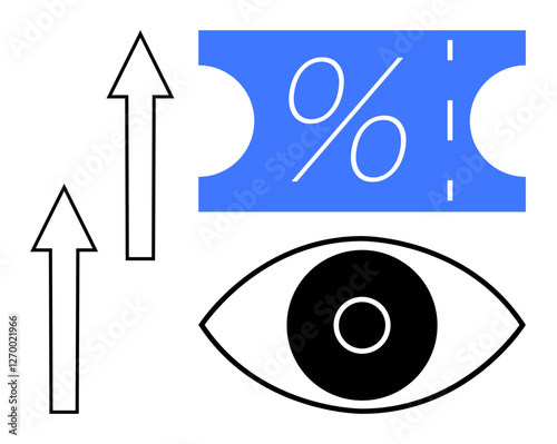 Upward arrows next to a percentage symbol and a large eye. Ideal for marketing, surveillance, growth analysis, vision, financial planning, trend analysis, business forecasting. Abstract line flat