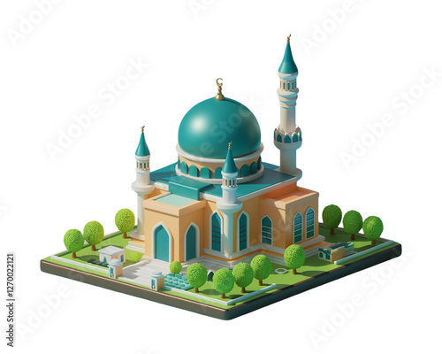 Mosque building Traditional architecture, golden glossy dome, arch windows and door and white walls Vector Art