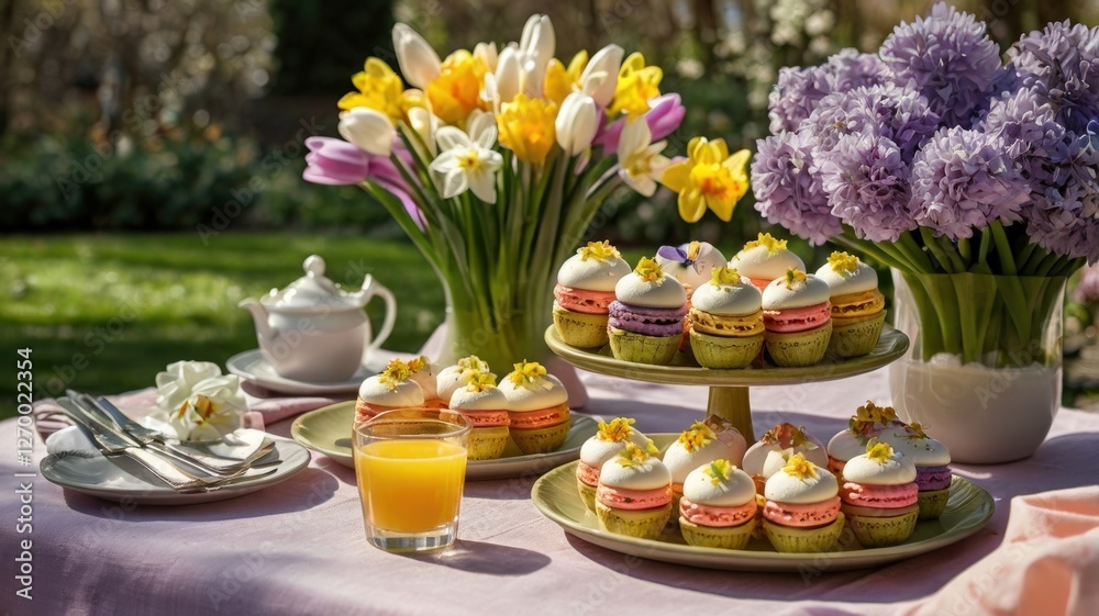 Easter Brunch Bliss: Deviled Eggs, Carrot Cake, and Pastel Macarons in a Sunlit Garden Setting Easter Brunch Bliss: Deviled Eggs, Carrot Cake, and Pastel Macarons in a Sunlit Garden Setting