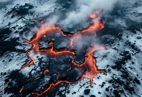 Erupción de volcán con rio de lava
