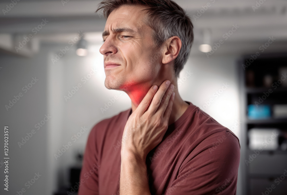 Fototapeta premium A man holds his neck with a pained expression, indicating discomfort in his throat area. The background displays a contemporary living space, suggesting a casual environment