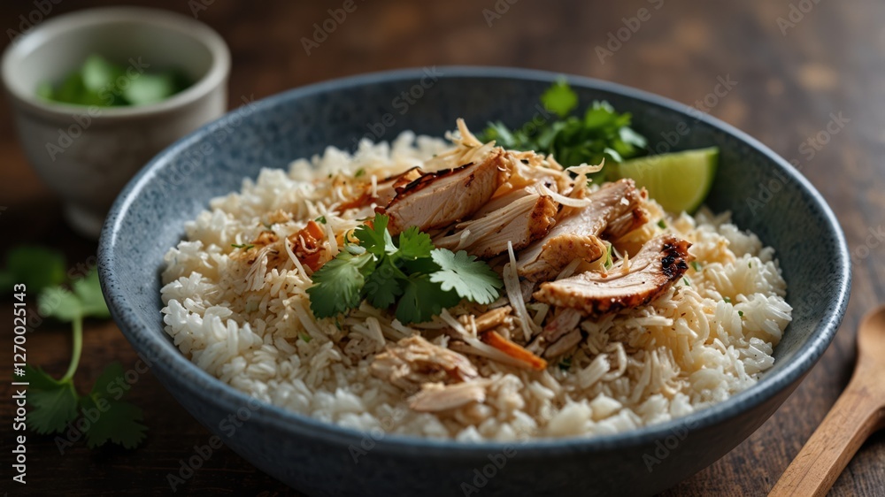 Bowl of rice topped with grilled chicken, garnished with cilantro and a lime wedge, ready to be served. Bowl of rice topped with grilled chicken, garnished with cilantro and a lime wedge, ready to be served.