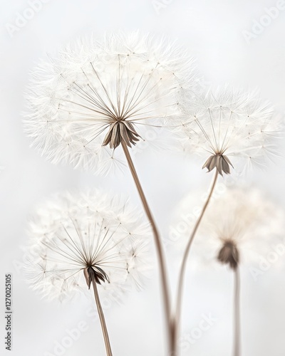 Minimalist dandelion seed heads and wild grasses on a white background