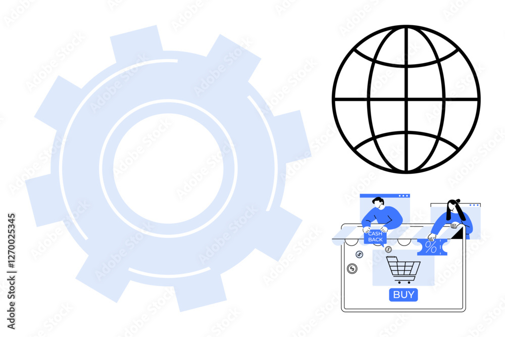 Gear, globe, and people shopping online highlight technology and global connectivity themes. Ideal for e-commerce, technology, globalization, digital marketing, business strategy, innovation Gear, globe, and people shopping online highlight technology and global connectivity themes. Ideal for e-commerce, technology, globalization, digital marketing, business strategy, innovation