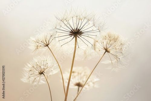 Delicate dandelion seed heads in soft golden light