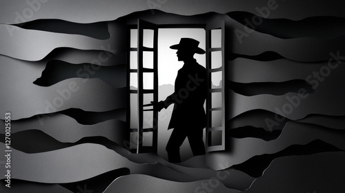 Criminal Silhouette Escaping Through a Window in Shadowy Tones, Paper Cut