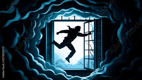 Criminal Silhouette Escaping Through a Window in Shadowy Tones, Paper Cut