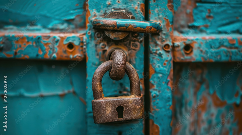 close up of rusty padlock on weathered turquoise door, showcasing texture and color contrast. lock symbolizes security and age, evoking sense of history and mystery close up of rusty padlock on weathered turquoise door, showcasing texture and color contrast. lock symbolizes security and age, evoking sense of history and mystery
