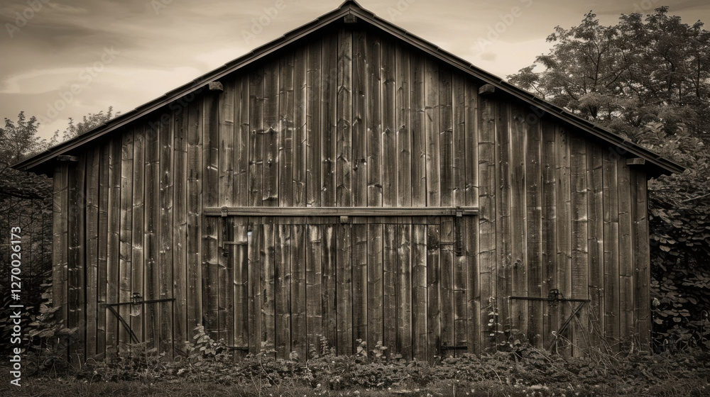 rustic wooden barn with weathered facade, surrounded by greenery, evokes sense of nostalgia and tranquility. structure features sliding door and is set against cloudy sky rustic wooden barn with weathered facade, surrounded by greenery, evokes sense of nostalgia and tranquility. structure features sliding door and is set against cloudy sky