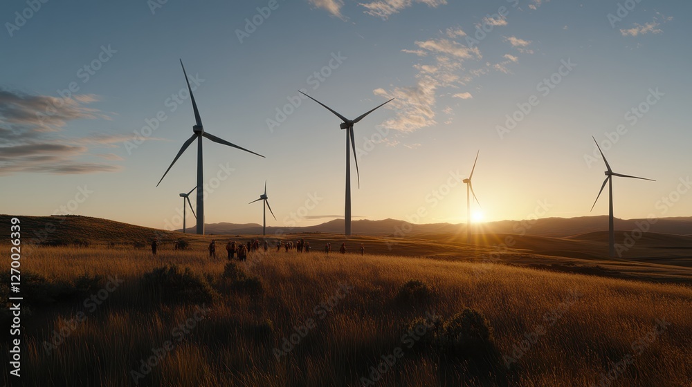 Obraz premium Engineers survey a picturesque wind farm at sunset, blending technology with nature, symbolizing sustainable energy and environmental consciousness.