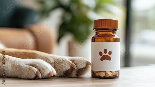 Veterinary medicine bottle with a paw print label, symbolizing pet care, health treatments, and responsible animal wellness through modern pharmaceutical solutions, Generative AI photo