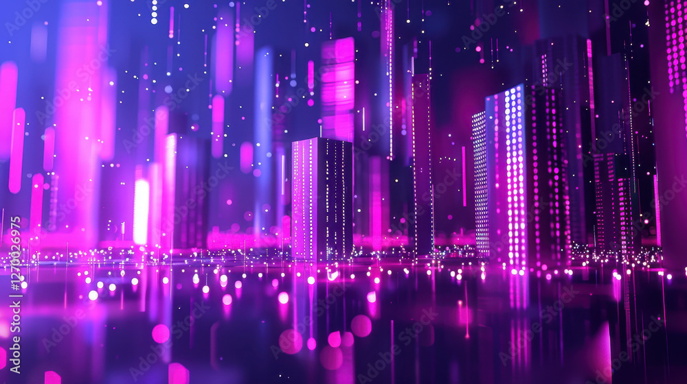 Vibrant cityscape with glowing skyscrapers in shades of pink and purple, creating futuristic atmosphere. lights reflect on surface, enhancing dynamic feel of scene Vibrant cityscape with glowing skyscrapers in shades of pink and purple, creating futuristic atmosphere. lights reflect on surface, enhancing dynamic feel of scene