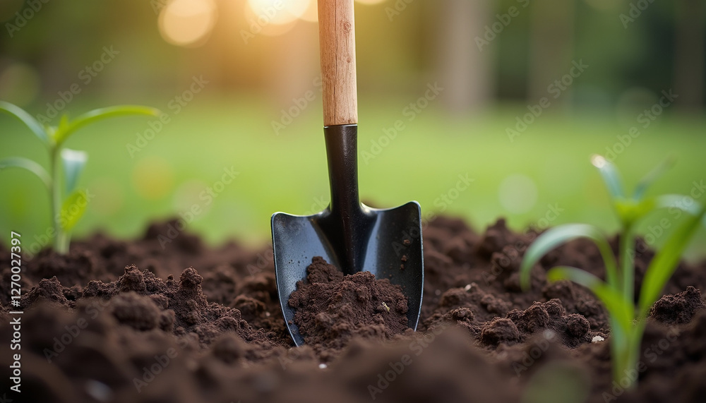 A shovel dug into the earth in a garden, ready for spring planting. This image captures the essence of gardening, growth, and the beginning of a new season A shovel dug into the earth in a garden, ready for spring planting. This image captures the essence of gardening, growth, and the beginning of a new season