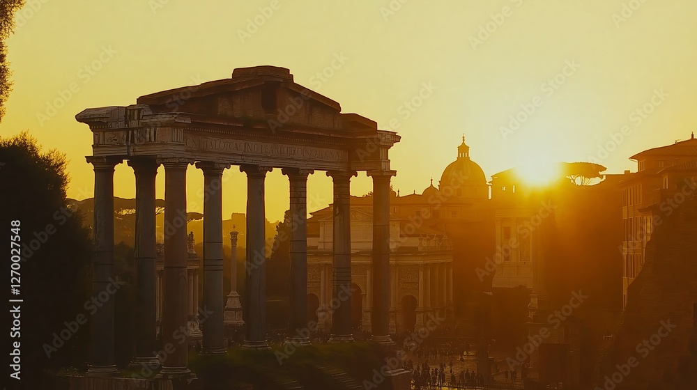 Obraz premium Ancient ruins of a grand civilization bathed in warm sunset light, showcasing monumental architecture, historical decay, and the legacy of lost empires, Generative AI