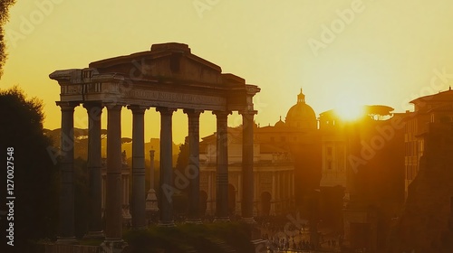 Ancient ruins of a grand civilization bathed in warm sunset light, showcasing monumental architecture, historical decay, and the legacy of lost empires, Generative AI photo