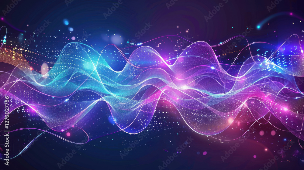 Fototapeta premium Vibrant abstract waves in blue, pink, and purple colors create dynamic visual effect, representing sound waves and digital energy