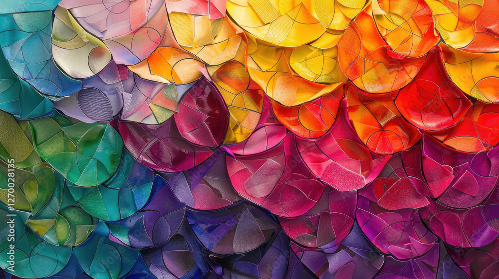 Colorful abstract wall art made of layered materials in vibrant hues. design features gradient of colors from green to purple, creating visually striking and dynamic composition Colorful abstract wall art made of layered materials in vibrant hues. design features gradient of colors from green to purple, creating visually striking and dynamic composition