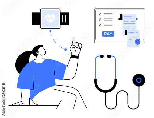 Person interacting with smartwatch for health tracking, digital receipt, and stethoscope illustration. Ideal for healthcare, telemedicine, wearable tech, health monitoring, online payments, medical