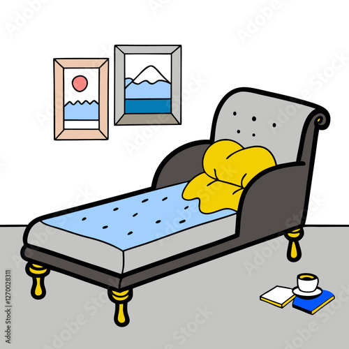 Furniture Velvet Chaise Vector Illustration - Cartoon, Clipart & Line Art Design, Velvet chaise vector illustration in cartoon, clipart, and line art styles, perfect for digital designs.