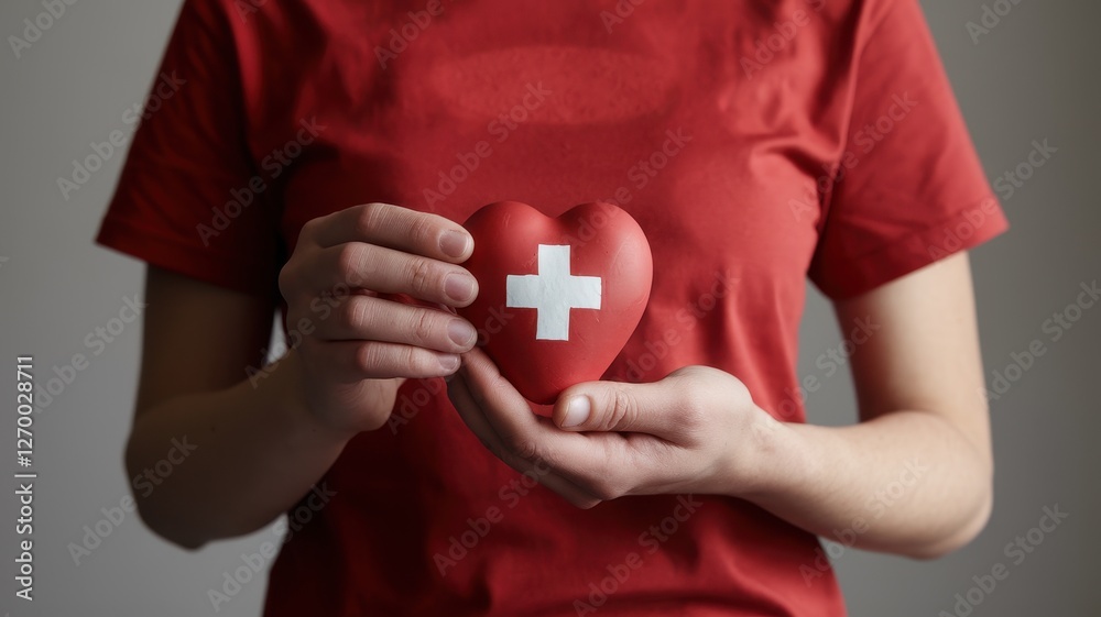 Woman holds a heart displaying the swiss flag symbol Woman holds a heart displaying the swiss flag symbol