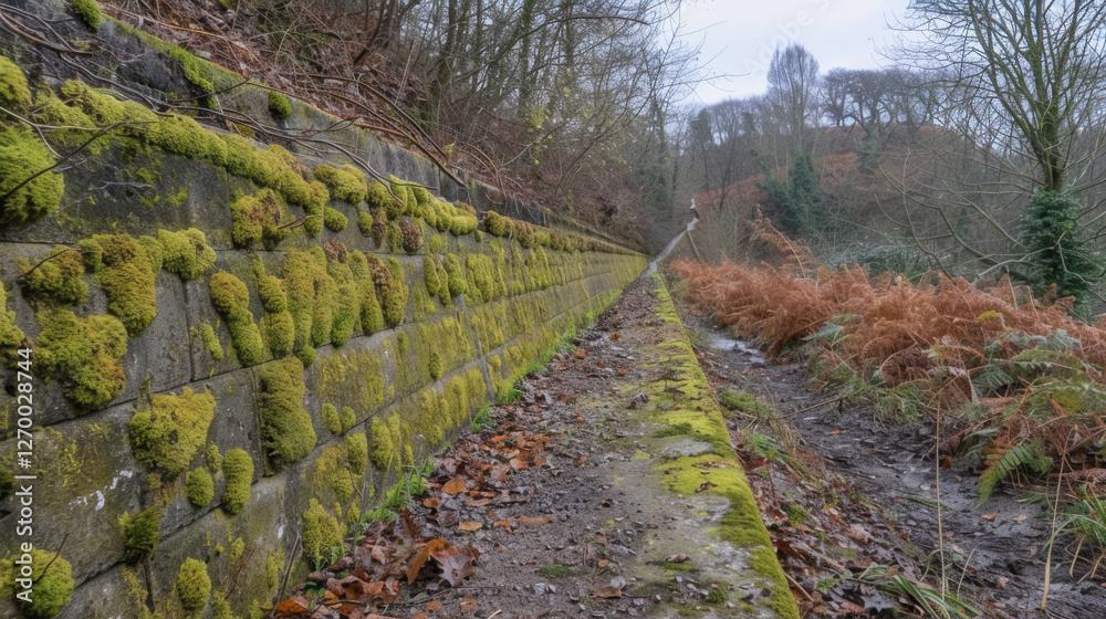 moss covered stone wall along path surrounded by ferns and trees, evoking sense of nature reclaiming of space moss covered stone wall along path surrounded by ferns and trees, evoking sense of nature reclaiming of space