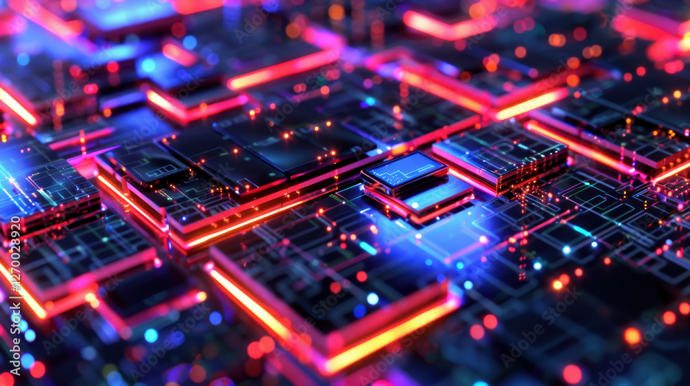 Futuristic digital circuit board with glowing neon lights and intricate patterns, showcasing technology and innovation in vibrant, colorful design Futuristic digital circuit board with glowing neon lights and intricate patterns, showcasing technology and innovation in vibrant, colorful design