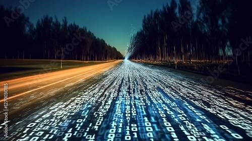 Motion Blur of Pixels and Binary Code Flowing Down a Road Surrounded by Trees : Generative AI