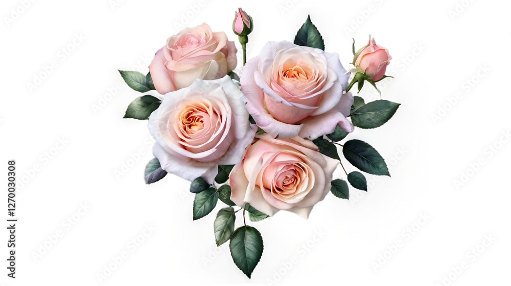 Fototapeta premium Elegant blooming roses with delicate pastel petals on a white background