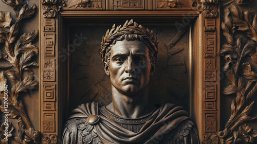 Bronze emperor bust with laurel wreath in decorative wooden frame art