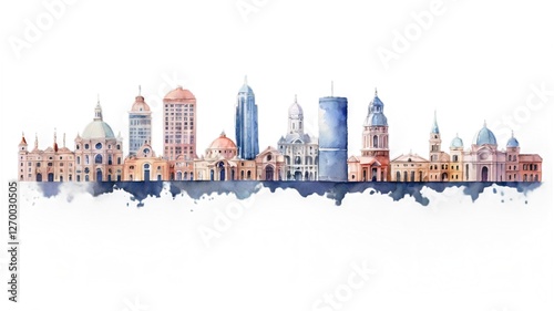 Hand-painted watercolor city skyline with elegant architecture