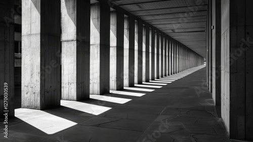 Stark concrete pillars create rhythmic pattern in this monochrome architectural scene, casting long shadows that enhance depth and perspective of corridor