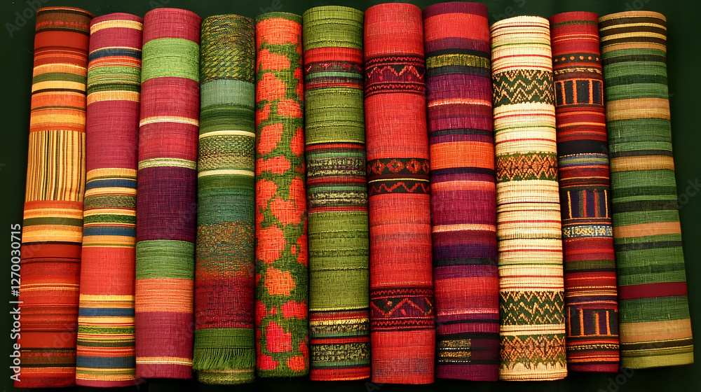 Rolled vibrant textiles, diverse patterns, studio background, craft supplies Rolled vibrant textiles, diverse patterns, studio background, craft supplies