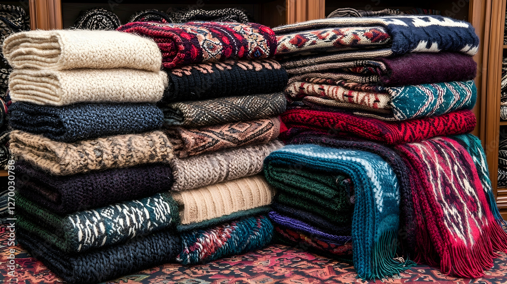 Colorful hand-knitted wool scarves stacked in a shop, showcasing winter fashion against a wooden shelf background, ideal for online retail Colorful hand-knitted wool scarves stacked in a shop, showcasing winter fashion against a wooden shelf background, ideal for online retail