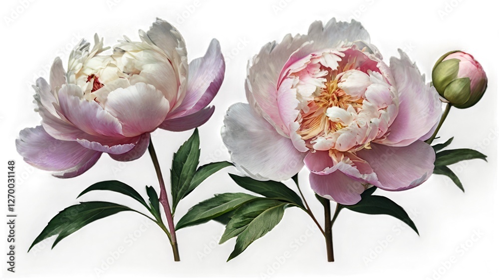 Fototapeta premium Watercolor peony bouquet with lush pink and white flowers.