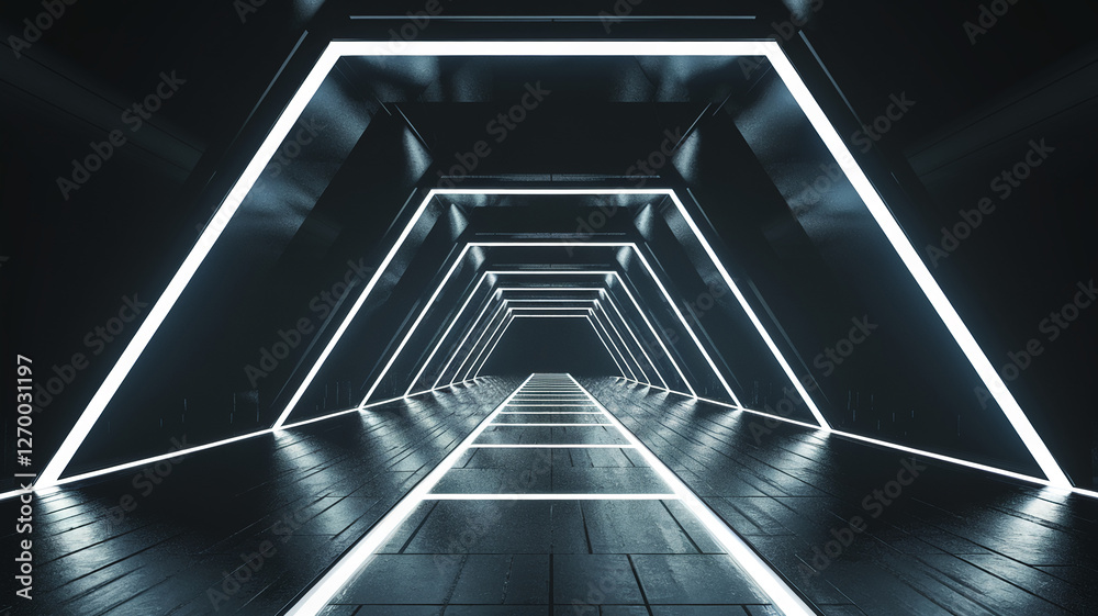Obraz premium A futuristic corridor illuminated by glowing lights, with geometric patterns on the floor and walls, representing modern technology, digital advancement, and sci-fi design.