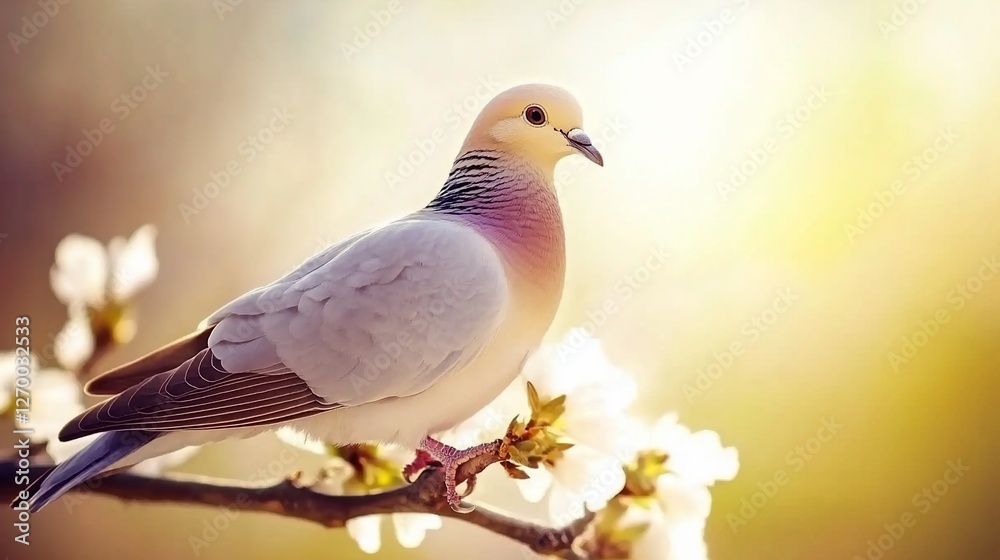 Dove perched on blossoming branch, spring sunrise Dove perched on blossoming branch, spring sunrise