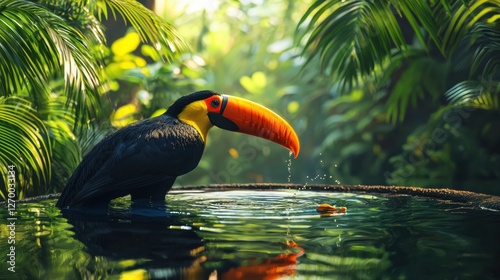 Toucan drinking water in lush tropical jungle nature photography vibrant green environment close-up view