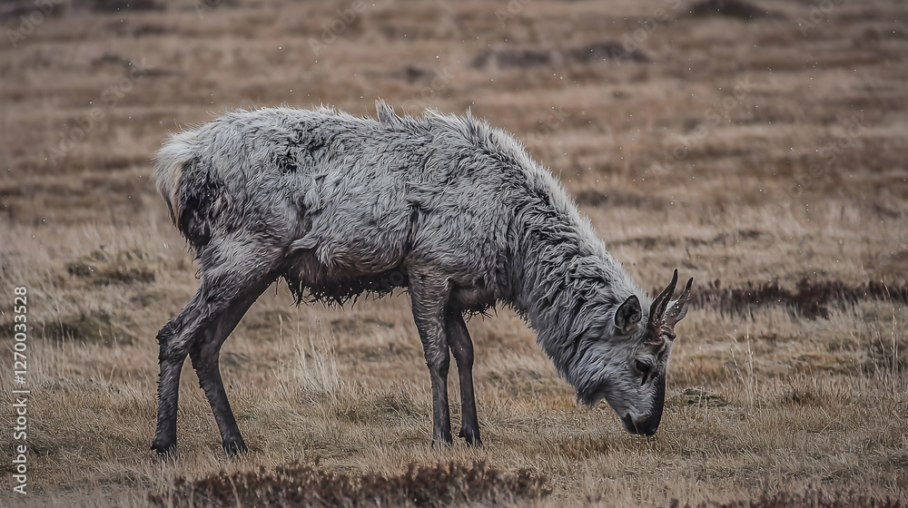 Grey deer grazing in highland pasture, autumnal landscape, wildlife conservation Grey deer grazing in highland pasture, autumnal landscape, wildlife conservation