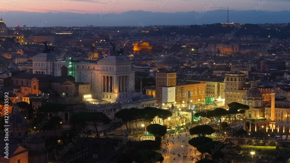 4k Aerial view of old city center, Illuminated houses after sunset. Rome, Italy. 4k Aerial view of old city center, Illuminated houses after sunset. Rome, Italy.