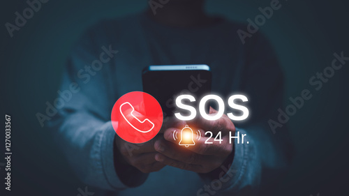 Emergency signal requesting help call concept. Human use SOS emergency app on mobile phone and call for help. Emergency application from smartphone for elderly, 24 hour support line.