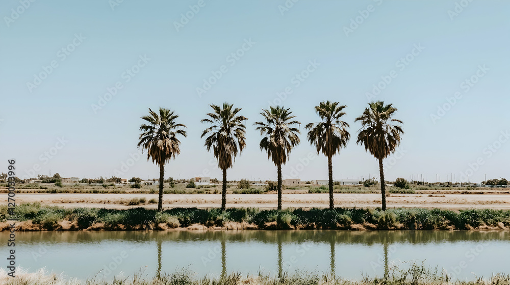 Four Palm Trees by Calm River, Sunny Day, Rural Landscape, Travel Brochure Four Palm Trees by Calm River, Sunny Day, Rural Landscape, Travel Brochure